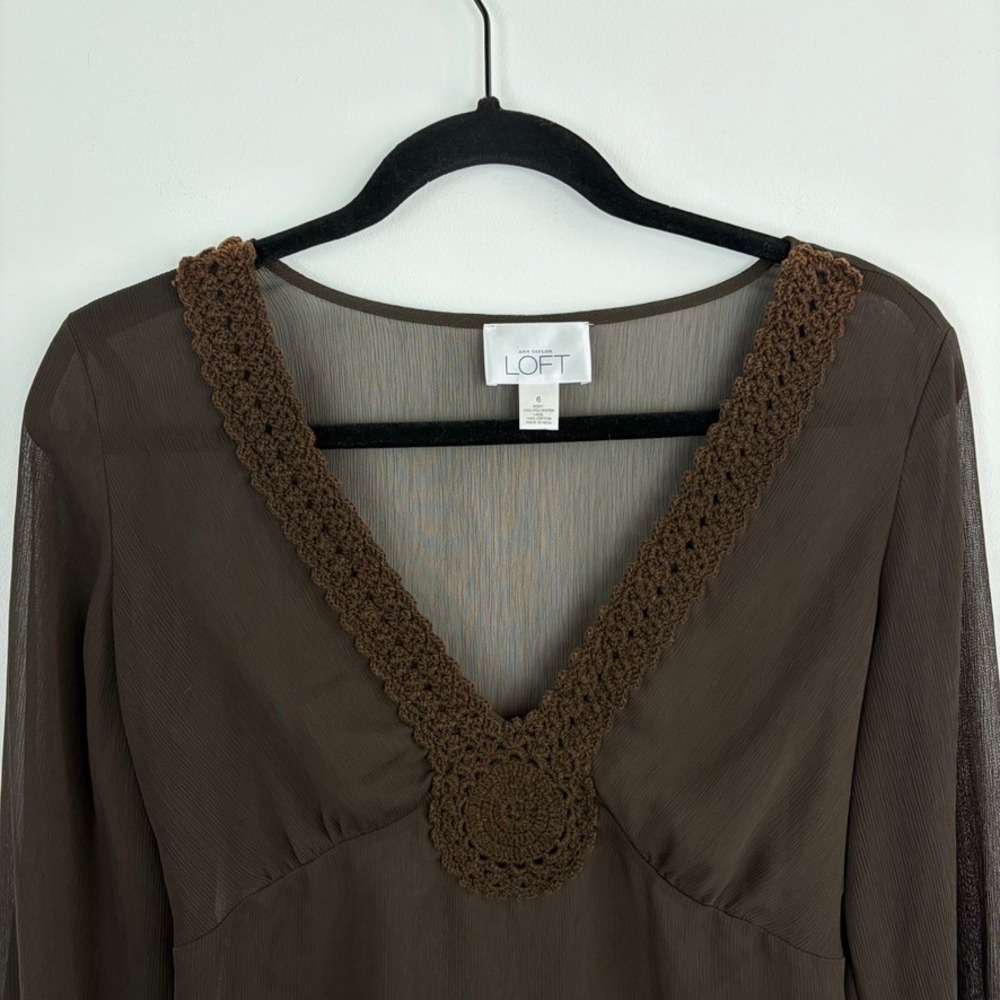 Y2K Babydoll Blouse Loft Sheer Long Sleeve Brown V-neck Fairycore Top Size 6 - Picture 4 of 8